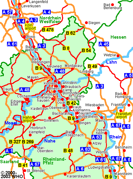 Germany map, Airport Cologne Koln Frankfurt Hahn, Rhine River